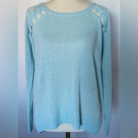 Hayden Sweaters - NEW w/TAGS Hayden light blue woven braided shoulder crochet back sweater Medium